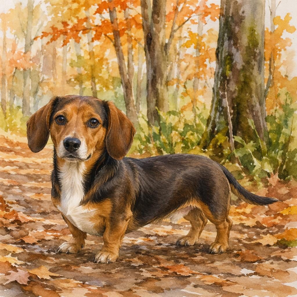 Watercolor-style senior beagle dachshund mix dog standing in an autumn forest with soft light and realistic fur.