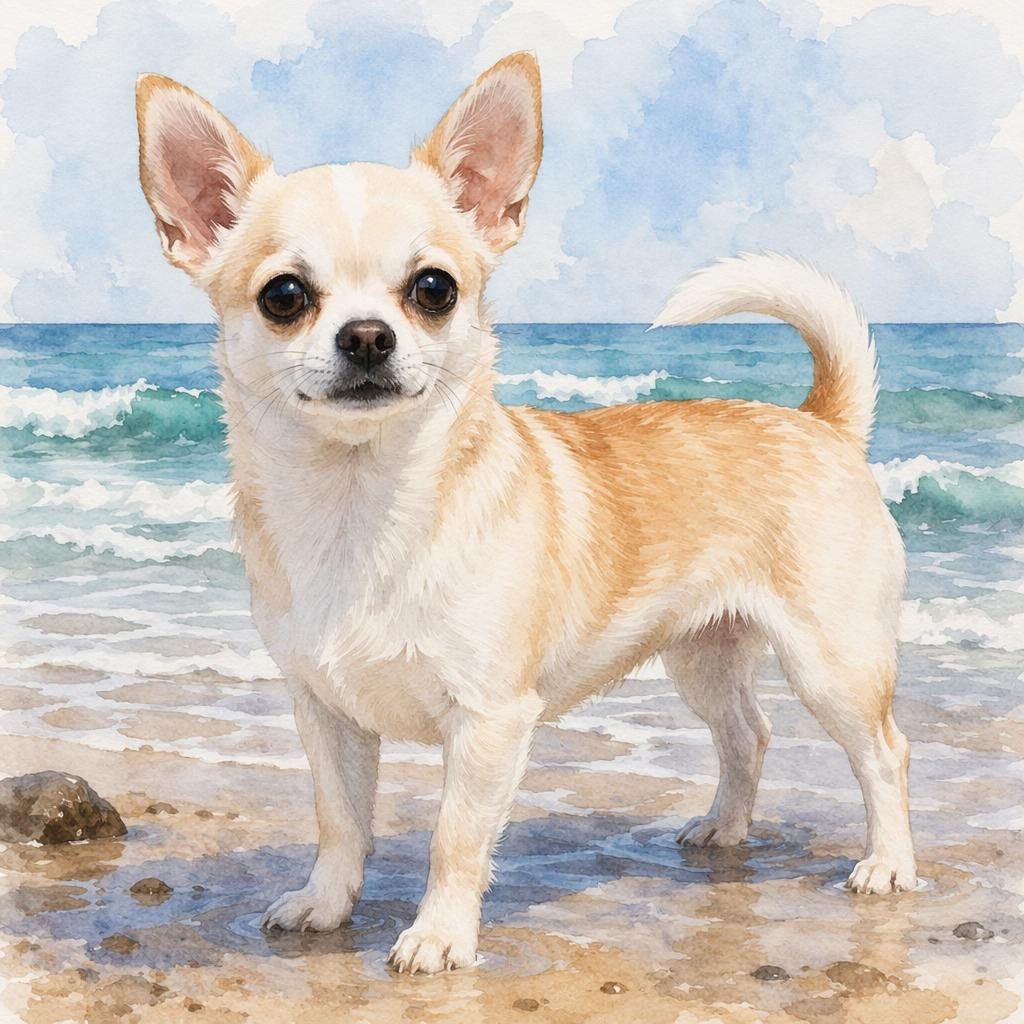 Ein einzelner, entspannter Welpe im Aquarellstil am Strand, mit dichtem Fell, natürlicher Beleuchtung und klarem Fokus.