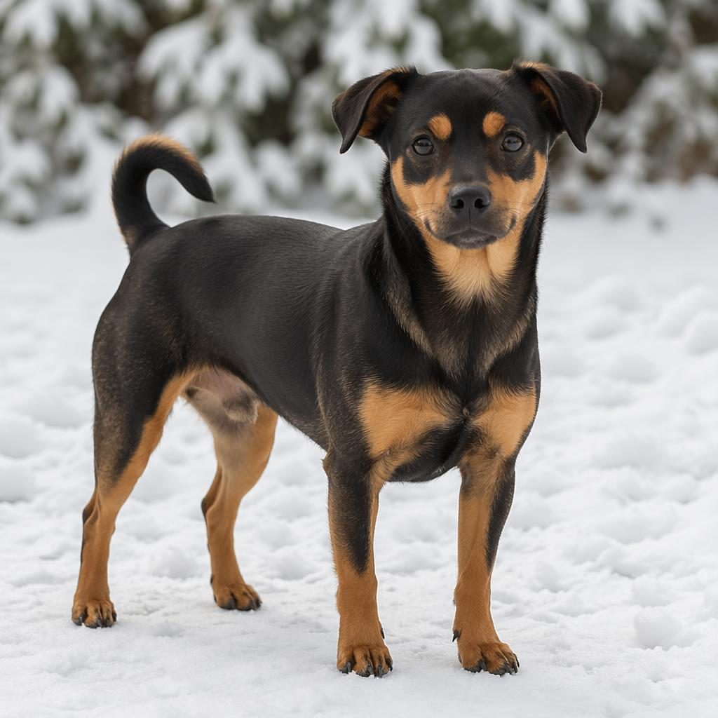 Photo-real illustrated hybrid dog standing in a snowy landscape with a friendly expression, sharp fur detail and soft light.