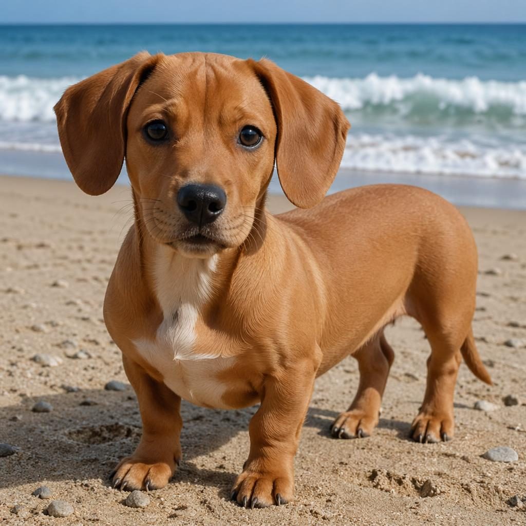 Photo-real illustration of a friendly weiner pitbull puppy mix standing on a beach in soft natural light.
