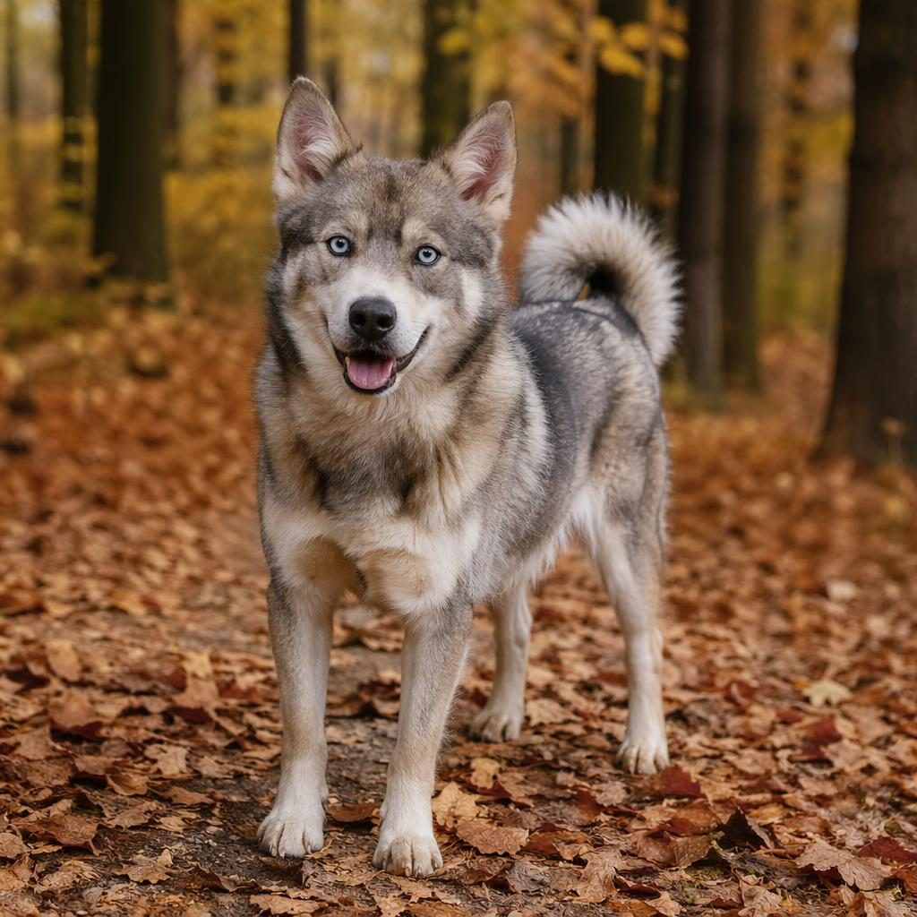 Senior-Hund als Husky-Weimaraner-Mix im herbstlichen Wald, freundlich, gepflegt, mit weichem Licht und scharfem Fell