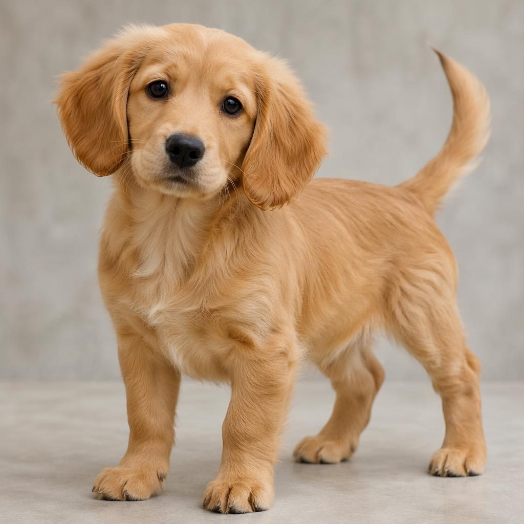 Chiot teckel croisé golden en portrait éditorial, fond neutre doux, expression calme, pelage soigné, lumière naturelle.