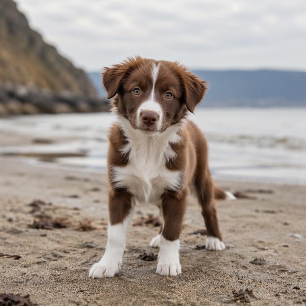 Ein einzelner Mops-Französische-Bulldogge-Welpe als Editorial-Porträt am Strand bei weichem natürlichem Licht.