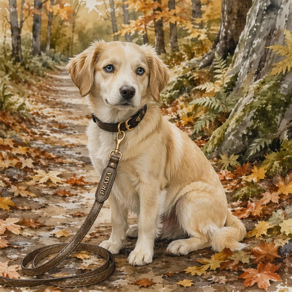 Ein einzelner junger Hundemix im Aquarellstil, entspannt im Herbstwald, mit weichem Licht und detailreicher Fellstruktur.