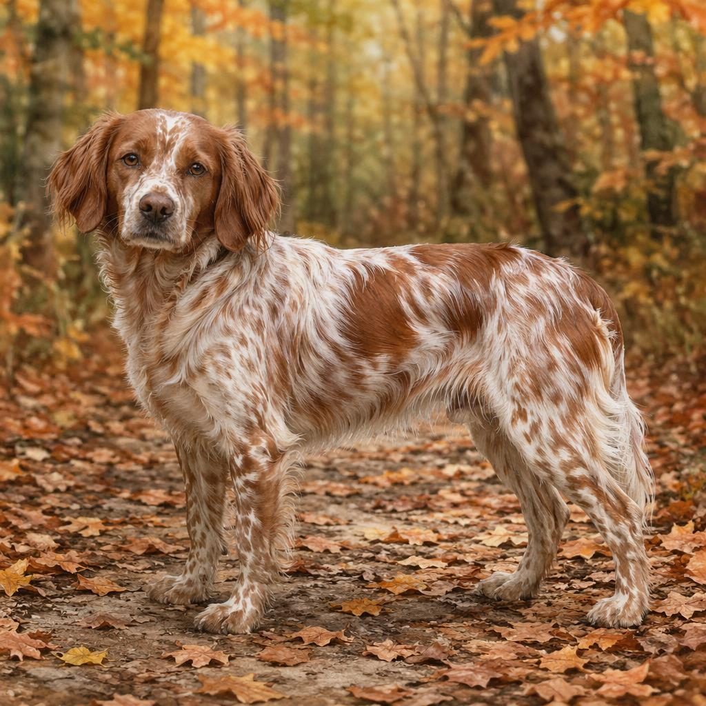 Chien senior seul, style aquarelle photoréaliste, détendu, dans une forêt d’automne à lumière naturelle douce.
