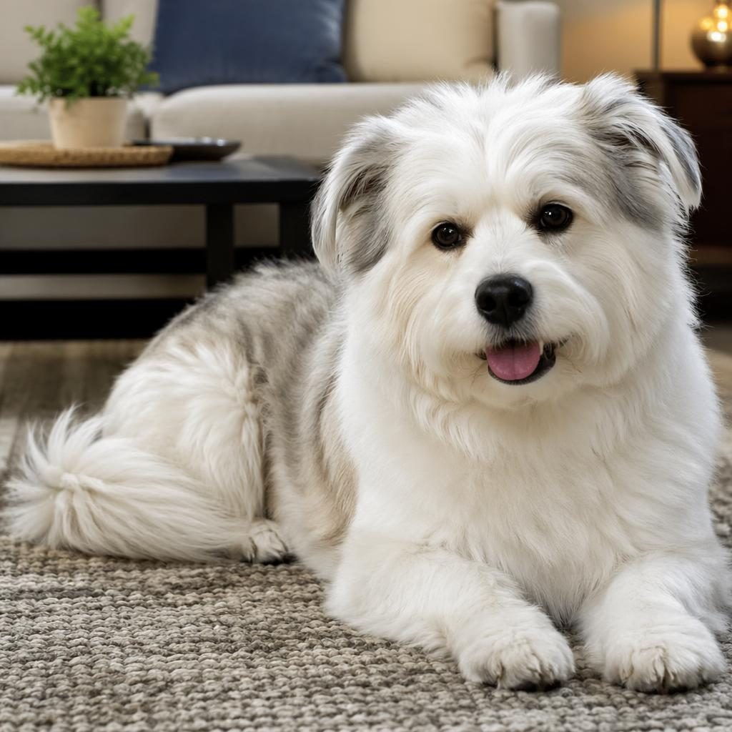 Perro mestizo senior de aspecto realista, relajado, en un salón acogedor con luz natural suave y pelaje bien cuidado.