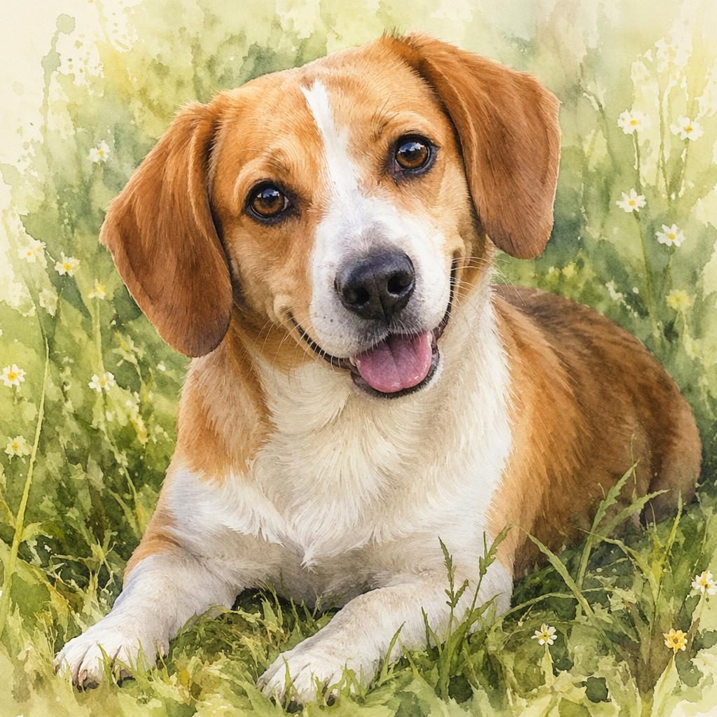 Senior-Hund als Jack-Russell-Shiba-Mix im Aquarellstil auf einer grünen Wiese, freundlich, gepflegt, mit weichem Licht