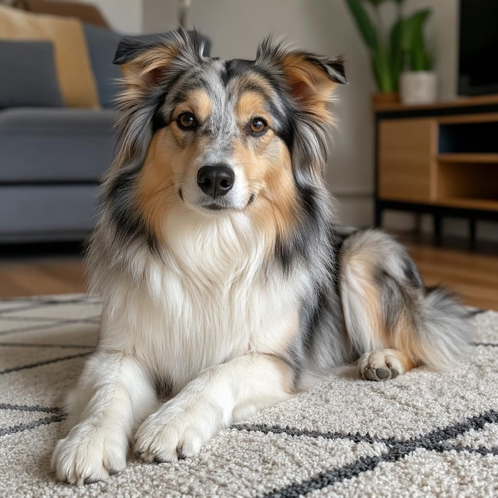 Ein einzelner junger Mischhund mit dichter Fellstruktur, entspanntem Blick, in weichem Licht in einem gemütlichen Wohnzimmer.