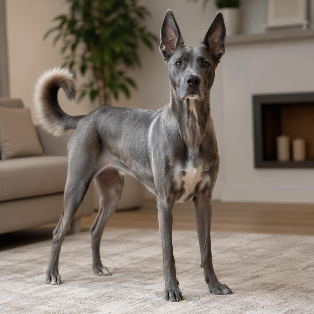 Einzelner Dogge-Chihuahua-Mix als junge adulte amster hunderasse im gemütlichen Wohnzimmer, freundlich, gepflegt.
