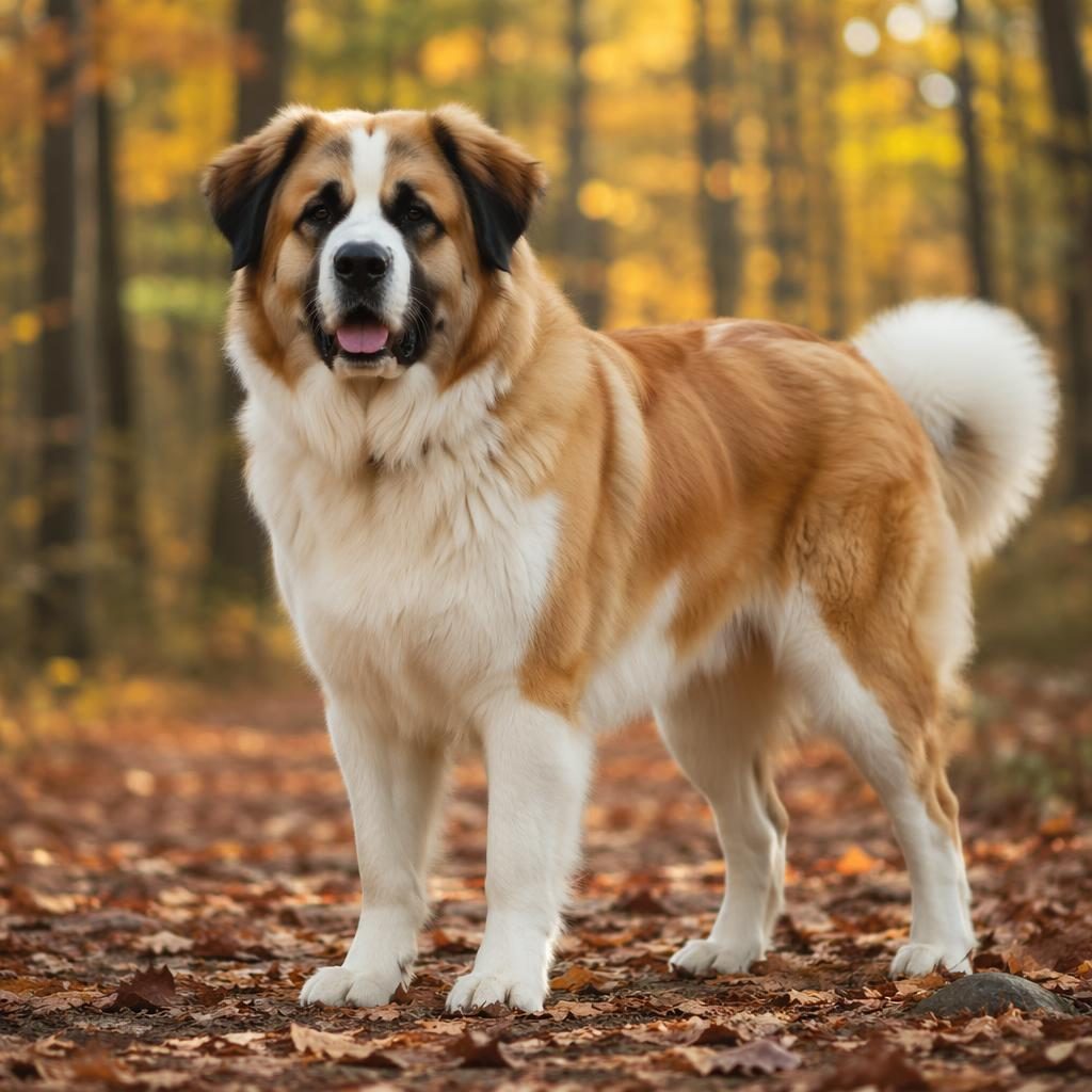 Single young adult Akita Saint Bernard mix dog in an autumn forest, golden Border Collie-like coat, relaxed expression