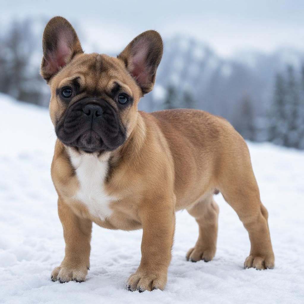 Ein einzelner freundlicher Welpe als französisch bulldogge mix steht in einer verschneiten Landschaft im Studio-Look.