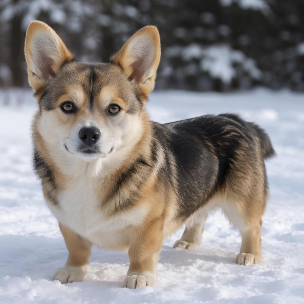 Studio-style snowy portrait of a friendly corgi shepherd puppy mix with fluffy coat, upright ears, and realistic fur