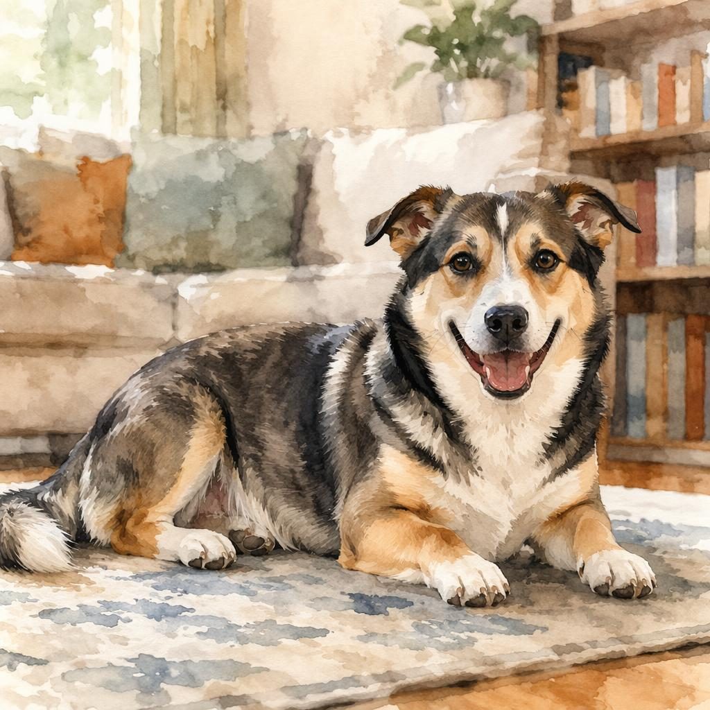 Watercolor-style young adult pitbull greyhound hybrid dog resting in a cosy living room with soft natural light.