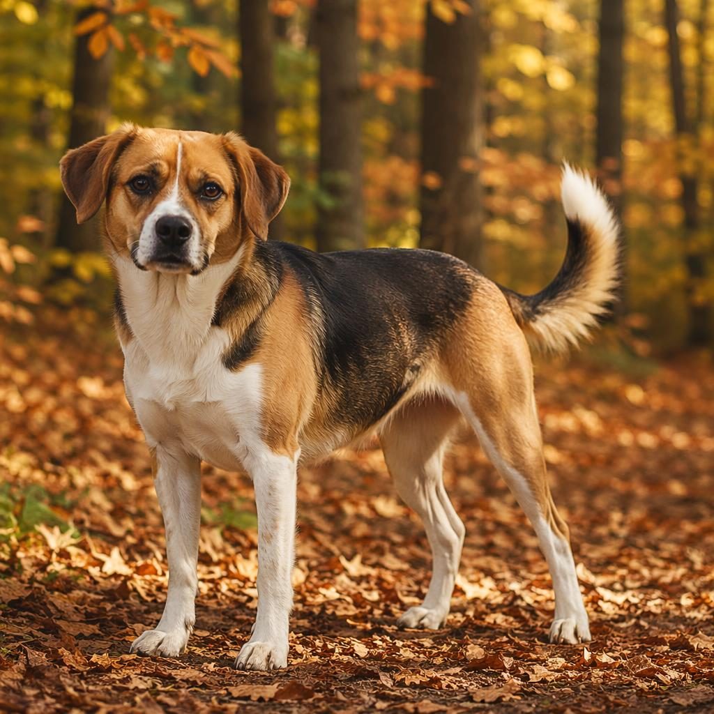 Studio-style portrait of a senior beagle shepherd mix dog in an autumn forest setting, relaxed and well groomed.