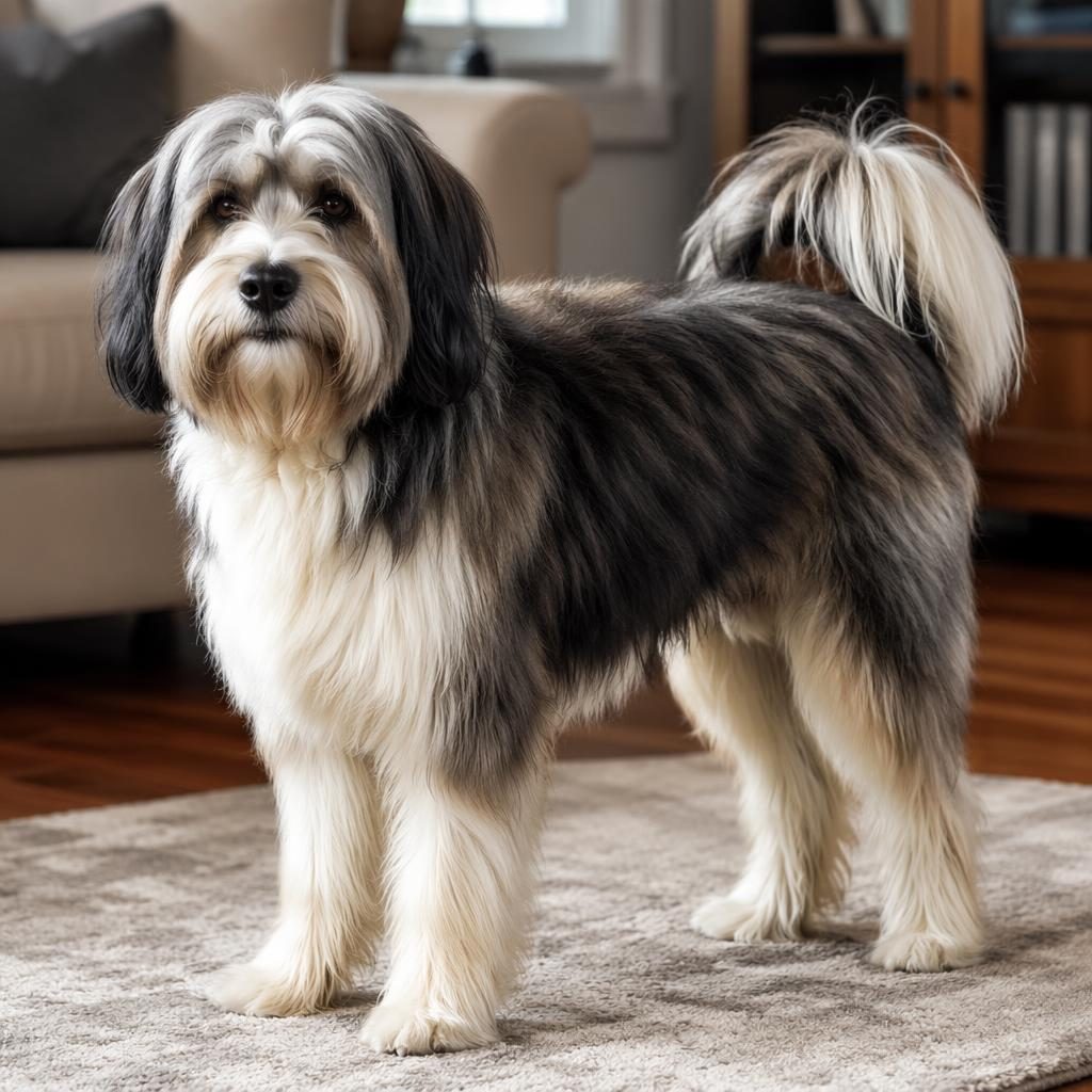 Ein einzelner senior Hund mit ruhigem Blick in einem gemütlichen Wohnzimmer, fotorealistisch und weich beleuchtet.