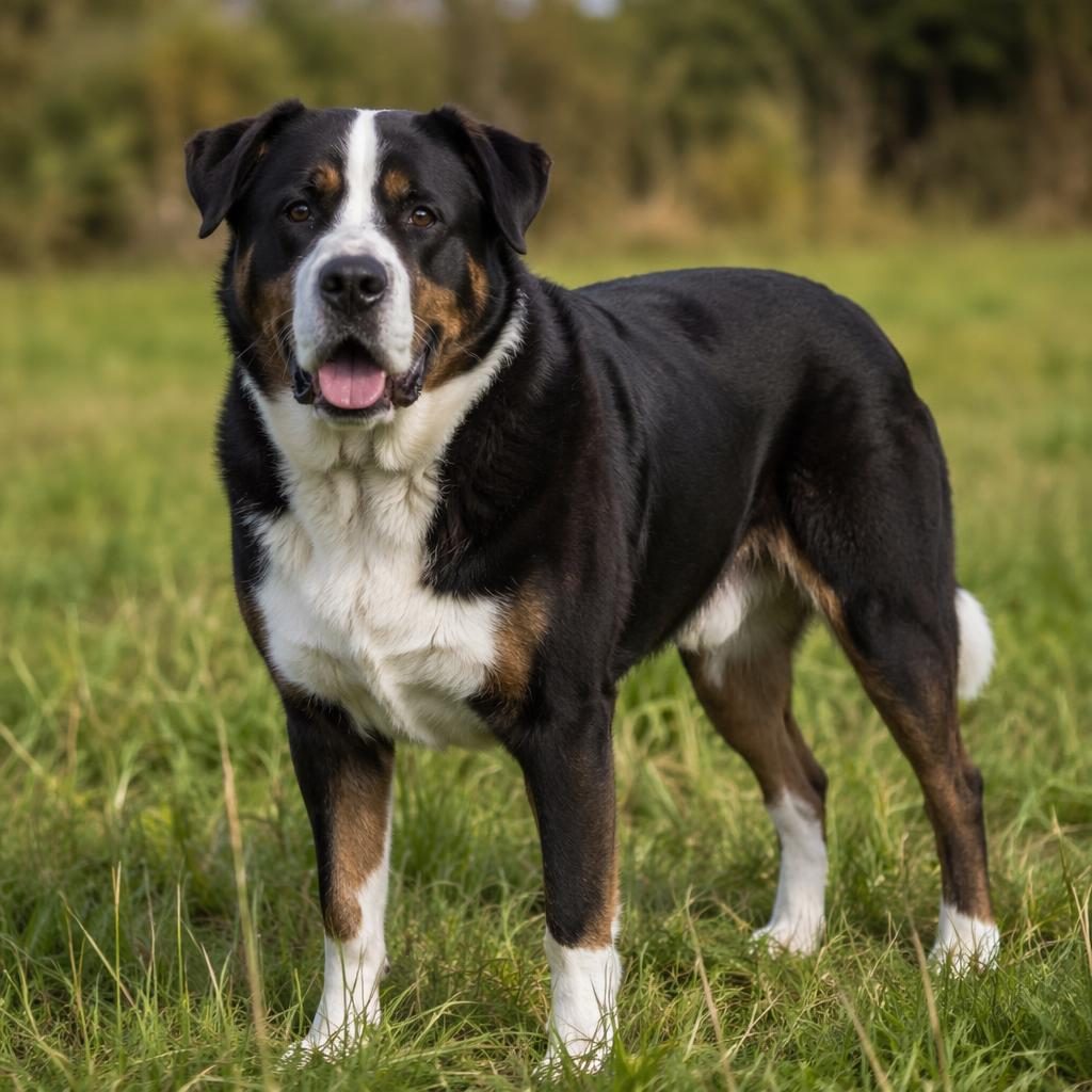 Chien senior croisé détendu dans une prairie, pelage mélangé, lumière naturelle douce et rendu réaliste