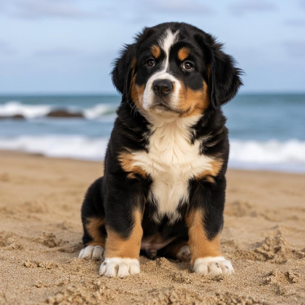Cachorro mestizo estilo pug y border collie en playa, iluminado suavemente, pelaje realista y expresión amigable
