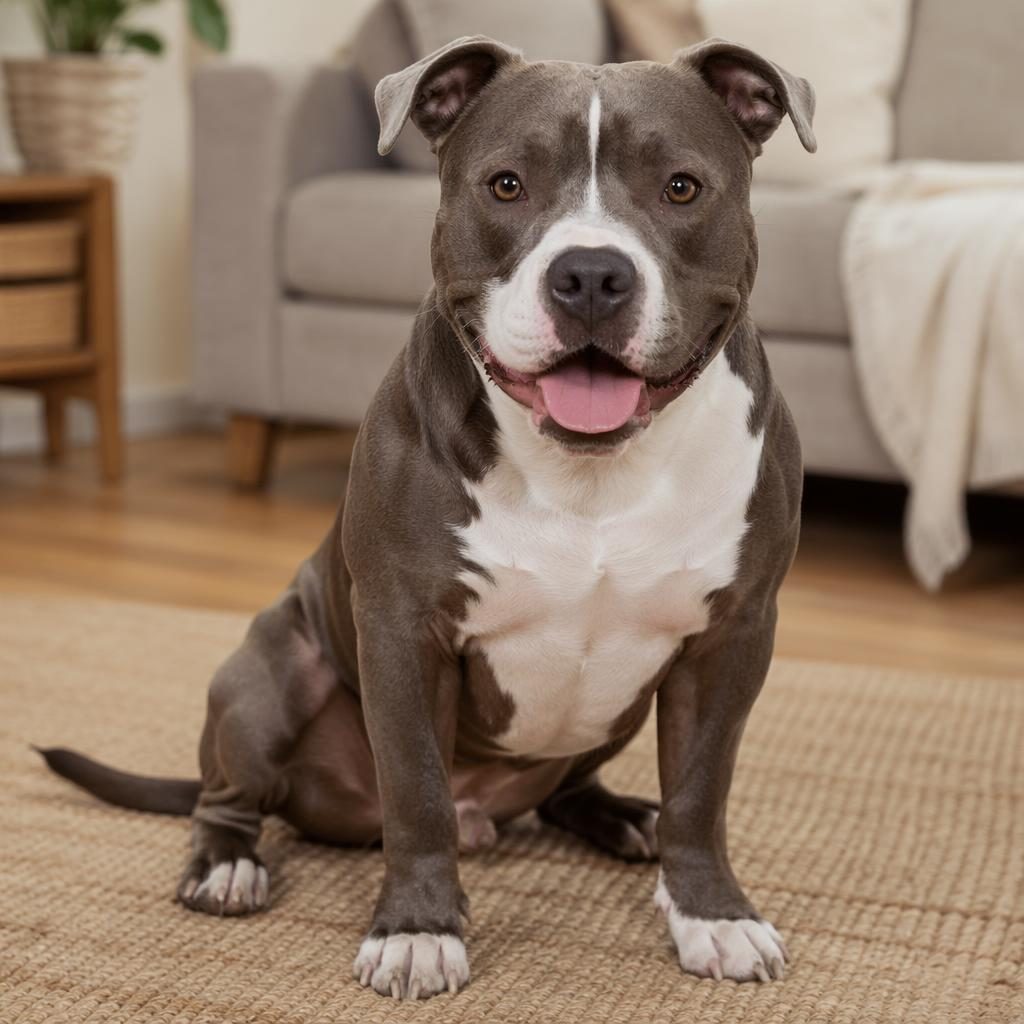 Photoreal illustration of a single relaxed mixed-breed dog in a cozy living room with soft light and detailed fur