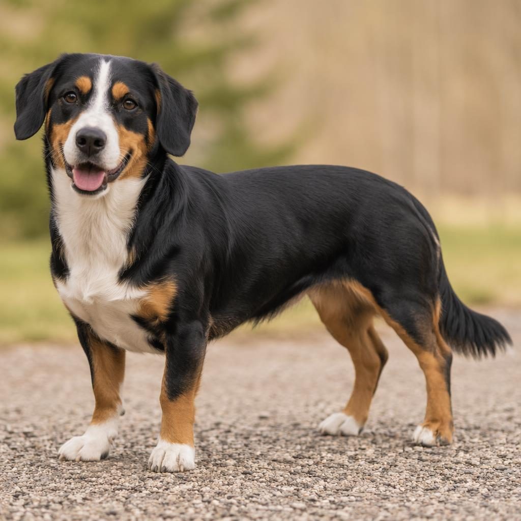 Ein einzelner mittelgroßer Mischlingshund mit Dackel- und Golden-Retriever-Merkmalen vor weichem neutralem Hintergrund