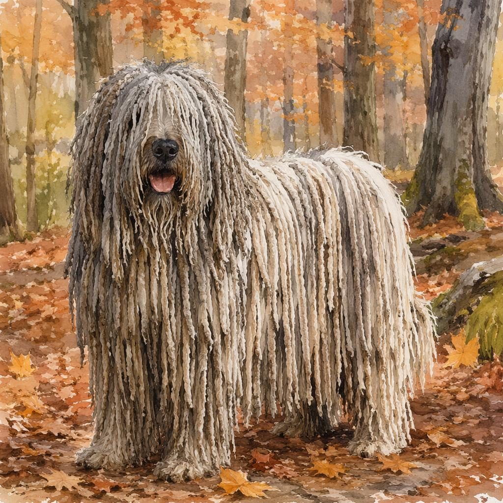 Ein einzelner senioriger Hund als Komondor Mischling im Aquarellstil, entspannt im herbstlichen Wald bei weichem Licht.