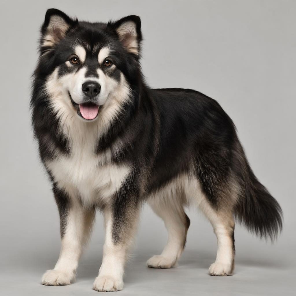 Chien adulte croisé husky en studio, seul sur fond neutre, expression douce, pelage rare et texture réaliste nette.