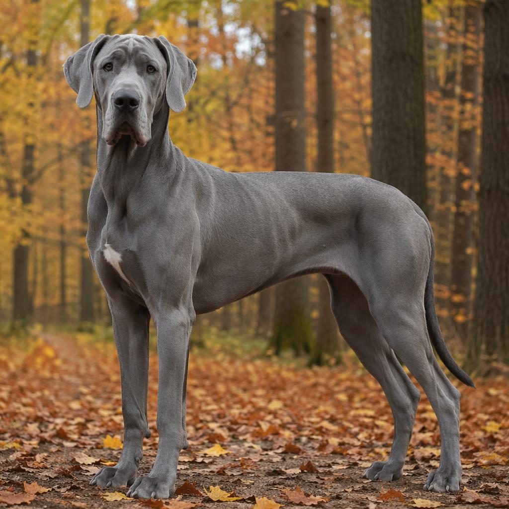 Ein einzelner großer grauer Mischlingshund mit schlankem Körper steht entspannt in einem herbstlichen Wald.