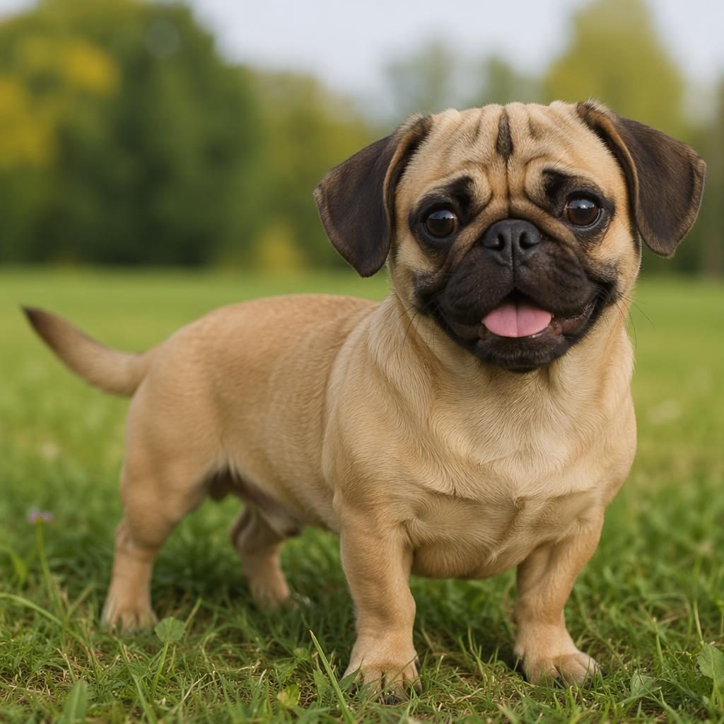 Photo-real illustration of a single friendly pug x dachshund mix dog standing in a grass meadow in soft light.