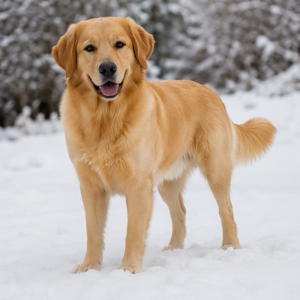 Single friendly hybrid dog with fluffy rare coat standing in a snowy landscape, realistic fur, soft natural light.
