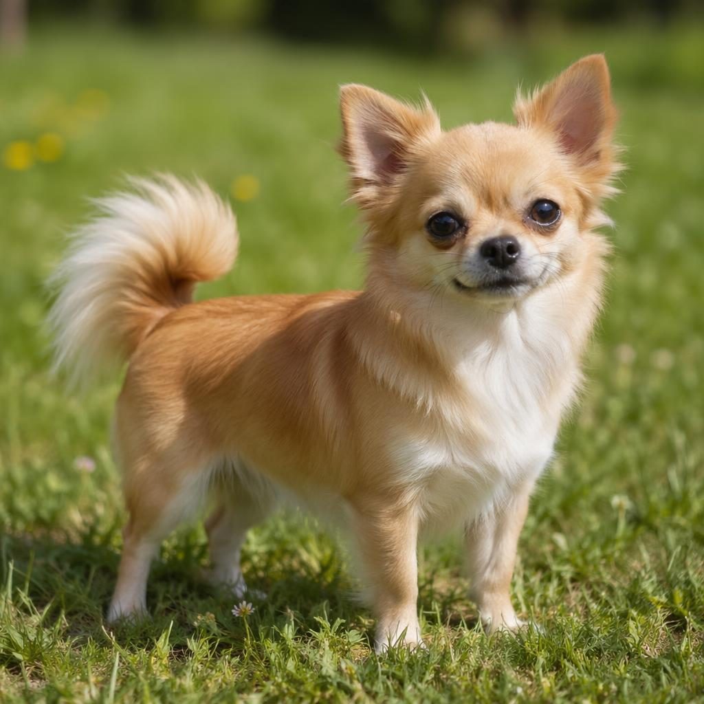 Cão pequeno mix de Chihuahua com Lulu da Pomerânia em campo gramado, orelhas eretas, cauda leve e pelagem natural