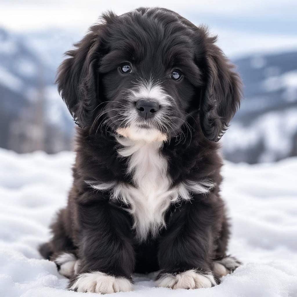Single fluffy mixed-breed puppy in a snowy studio scene, relaxed pose, soft light, sharp fur detail, spaniel-like ears