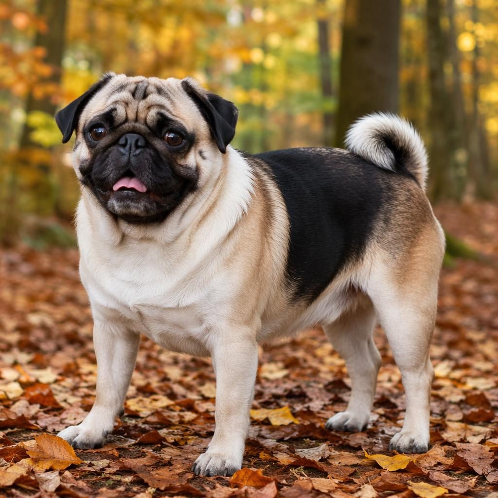 Ein einzelner senior Hund als realistischer Husky-Weimaraner-Mix steht entspannt im herbstlichen Wald bei weichem Licht.