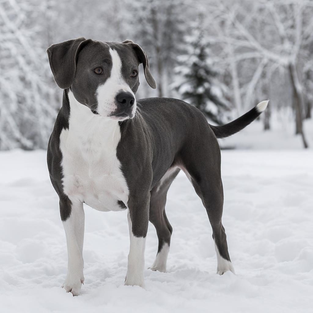 Editorial portrait of a single realistic mixed-breed dog in snow with soft light, unusual coat, relaxed friendly pose.