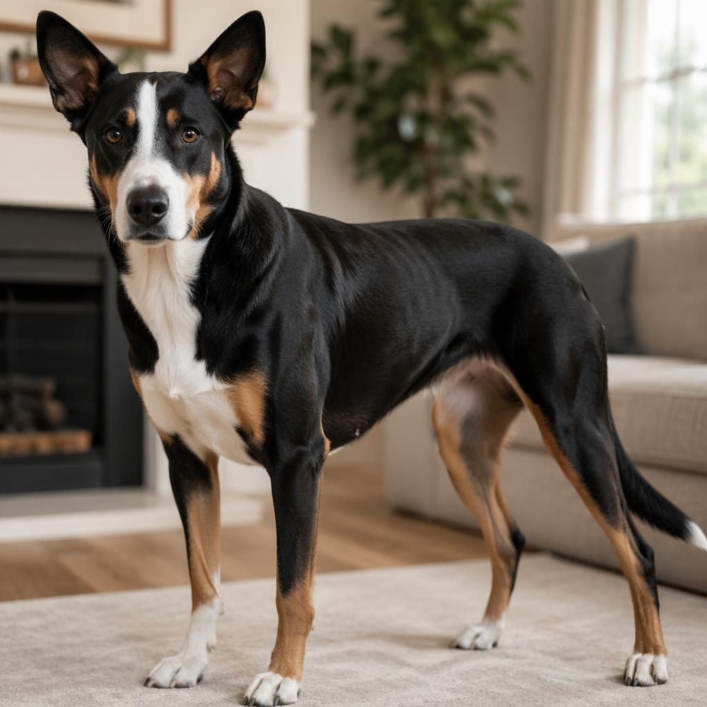 Perro mestizo senior, cruce chihuahua y gran danes, en salón acogedor con luz natural suave y pelaje realista.