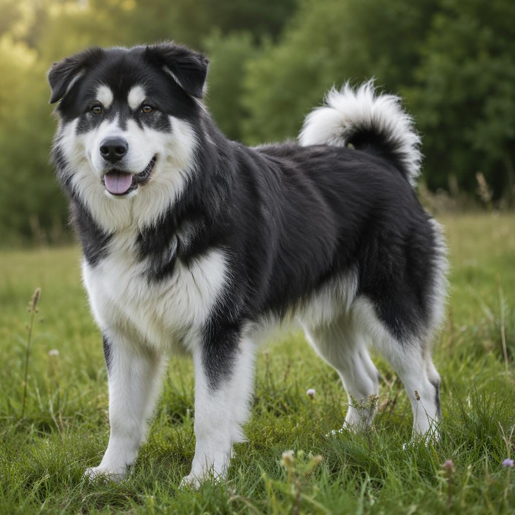 Single young adult hybrid dog in a grass meadow, fluffy coat, relaxed expression, soft natural light, sharp fur detail