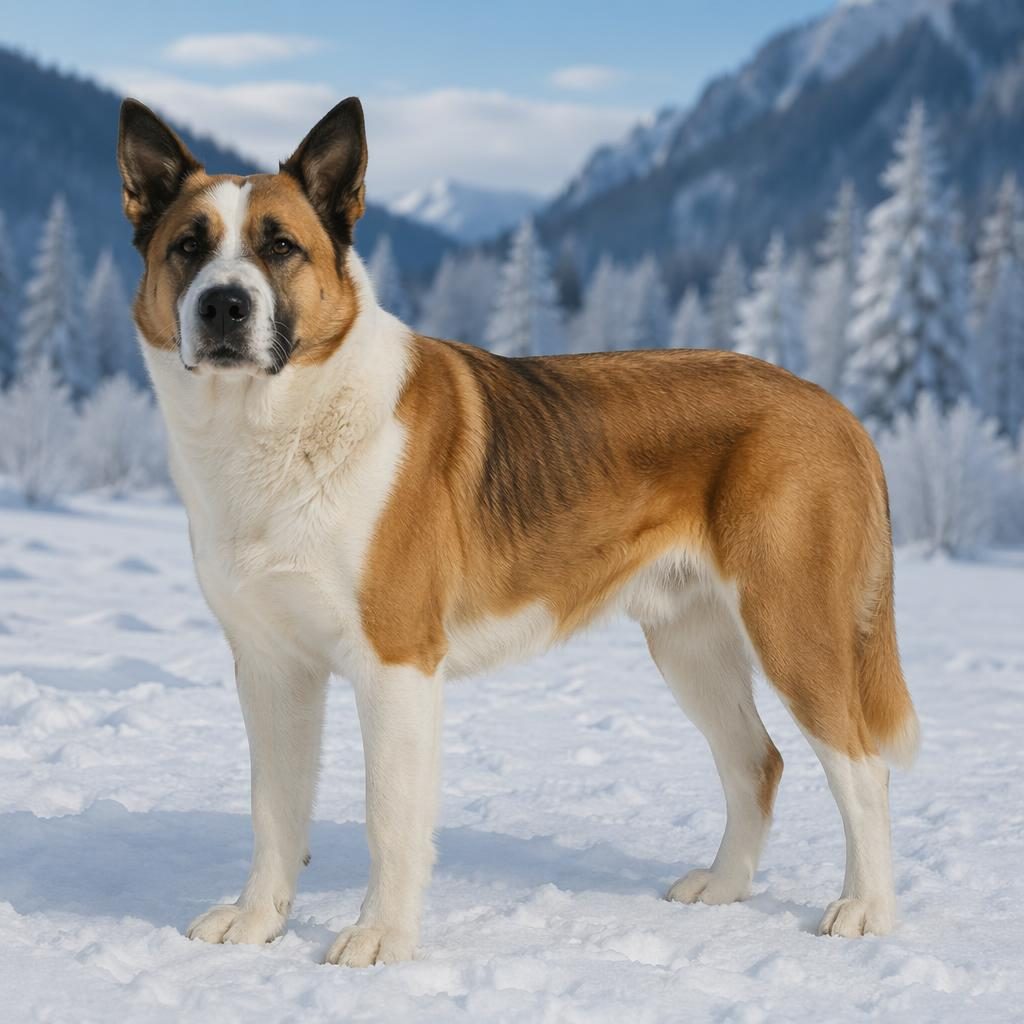 Ein einzelner erwachsener Hundemix mit bernhardiner- und mopsartigen Zügen in verschneiter Landschaft, freundlich und gepflegt.