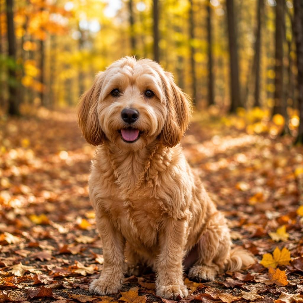 Ein einzelner realistischer Hundemix mit freundlichem Blick steht entspannt in einem herbstlichen Wald bei weichem Licht.