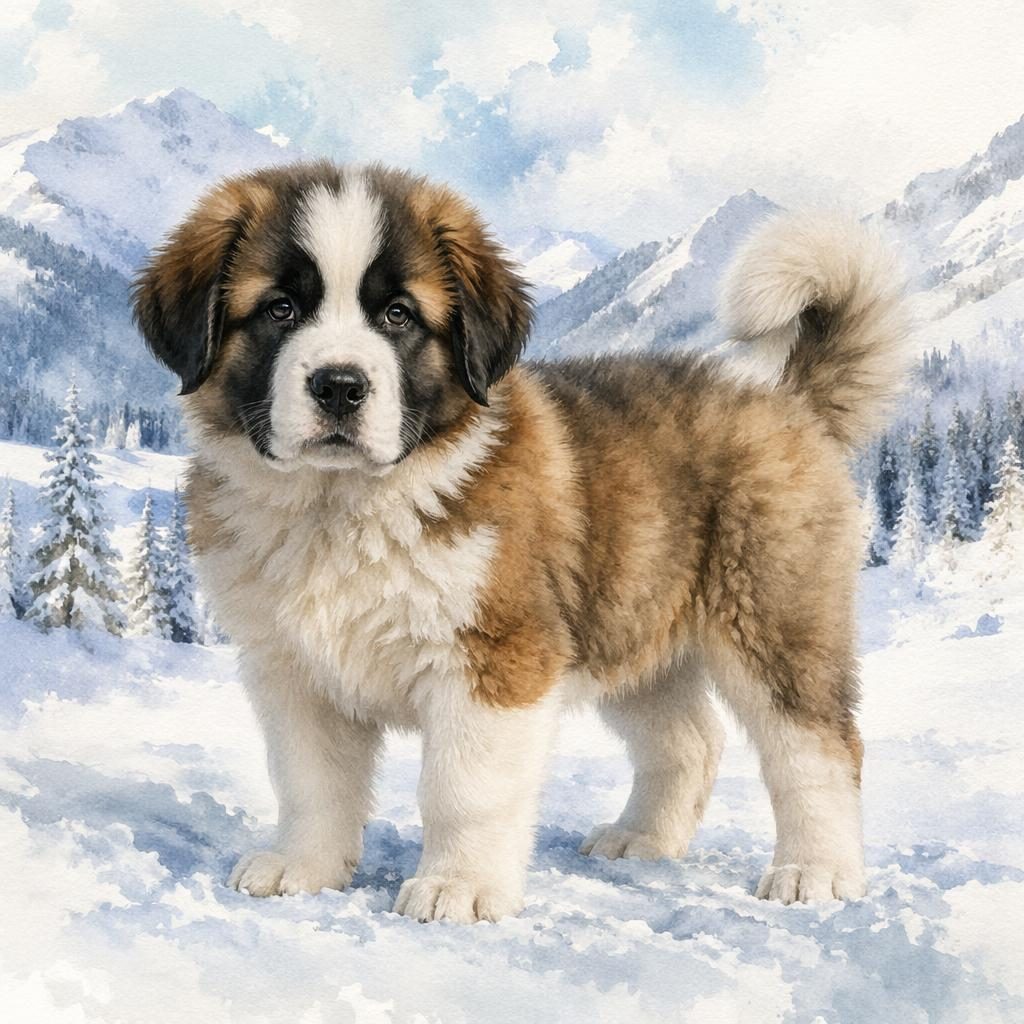 Aquarell eines einzelnen Bernhardiner-Malamute-Welpen in verschneiter Landschaft, freundlich, gepflegt, mit weichem Licht