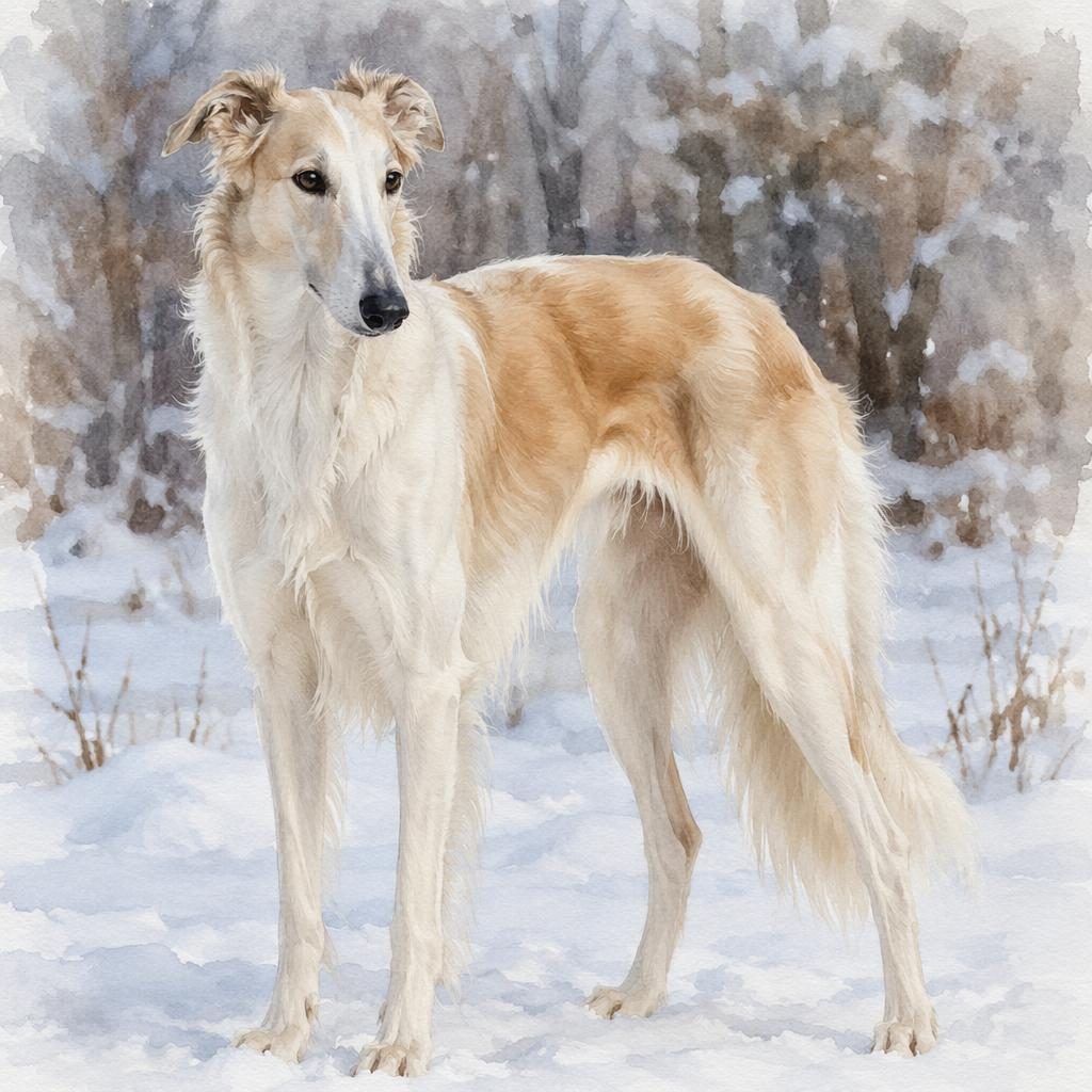 Watercolor-style borzoi mix dog standing in snow with realistic fur, relaxed expression, soft light, and sharp detail.