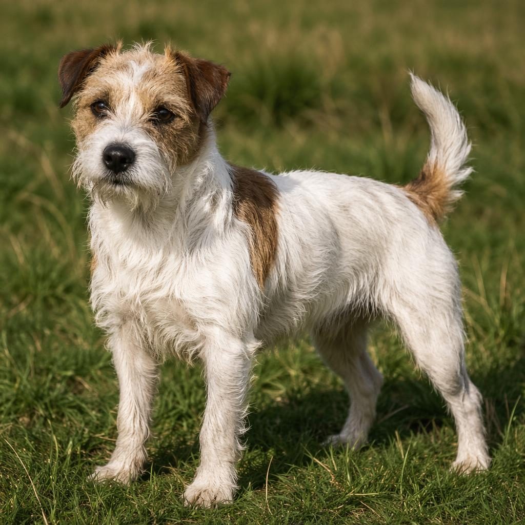 Single senior terrier-boxer mix dog with a scruffy coat standing in a grass meadow, relaxed and well groomed.