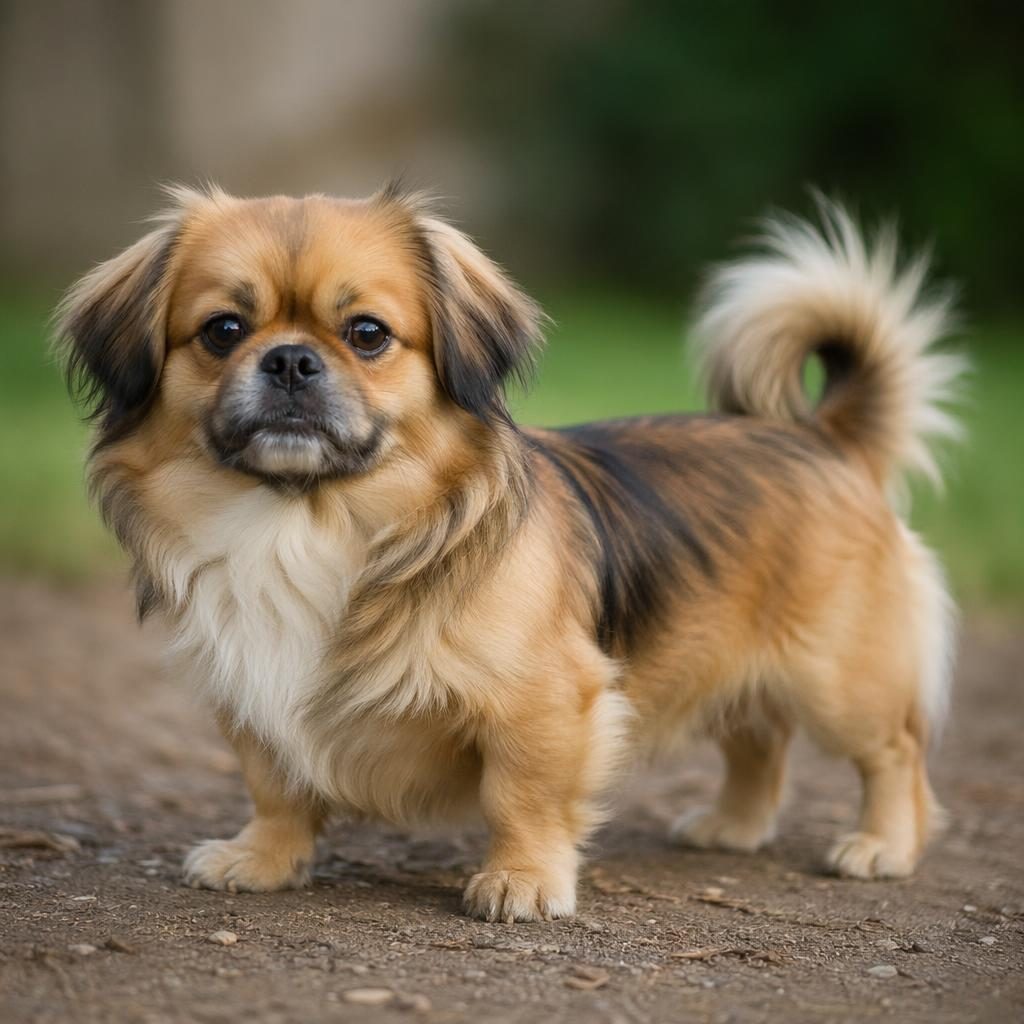 Single fluffy mixed-breed puppy with compact body and soft coat, relaxed outdoors against a neutral background.