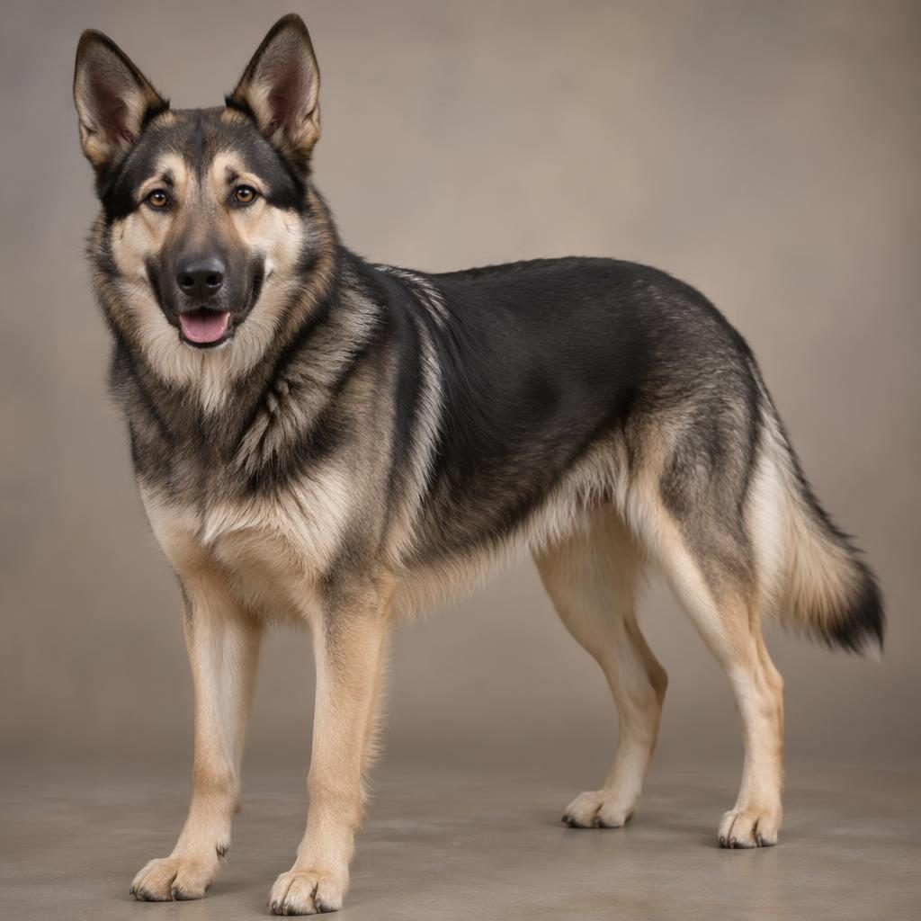 Photo-real illustration of a single adult gsd husky mix dog with relaxed expression on a soft neutral background.