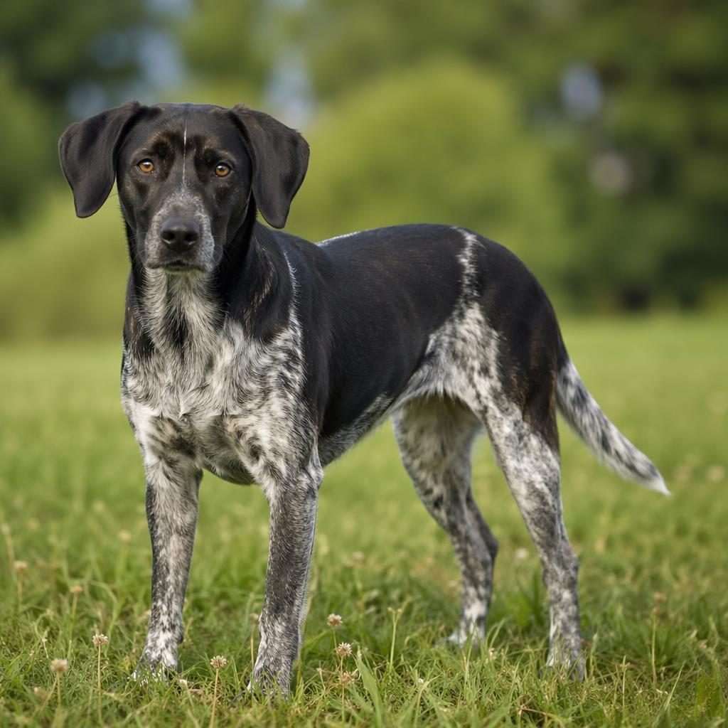 Single senior mixed-breed dog in a grass meadow, studio-style portrait with soft light and realistic fur texture