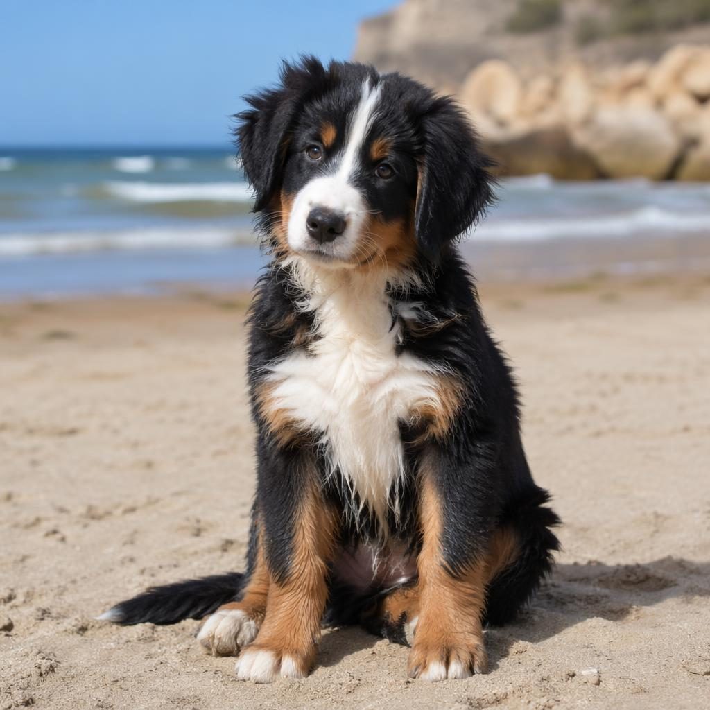 Editorial beach portrait of a friendly puppy with Border Collie and Vizsla traits, soft light and realistic fur