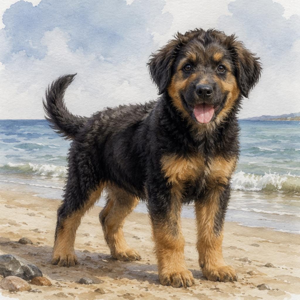 Aquarell eines einzelnen, freundlichen Schäferhund-Pudel-Welpen am Strand mit weichem Licht und gepflegtem Fell
