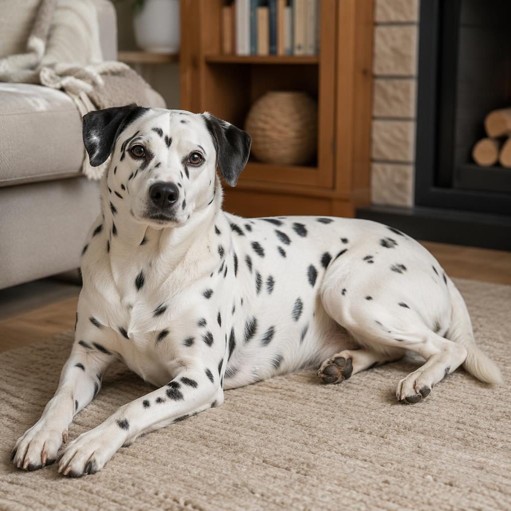 Watercolor-style senior hybrid dog resting in a cozy living room with soft light, relaxed pose, and realistic fur detail.