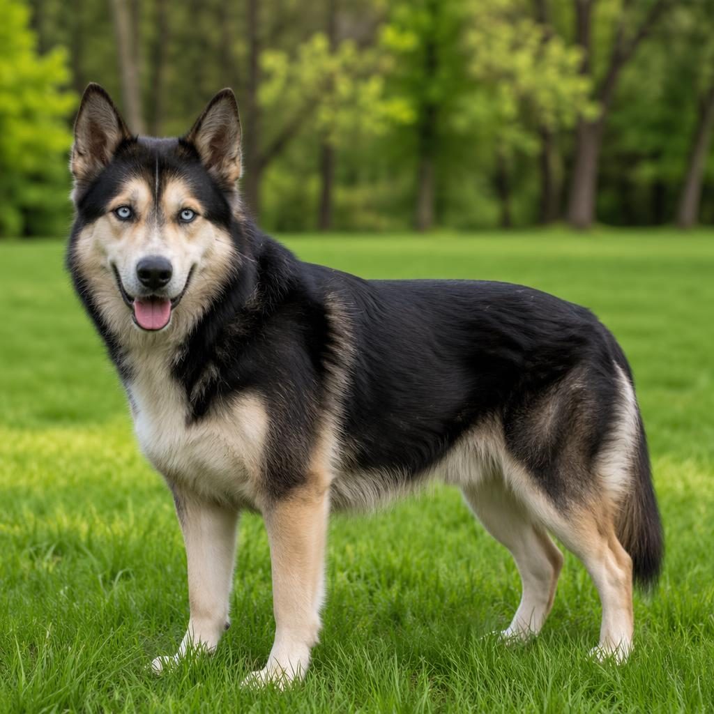 Senior gsd husky mix style dog standing in a grass meadow, relaxed and friendly, with realistic fur and soft light.
