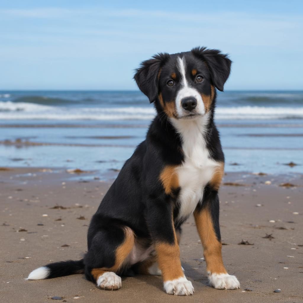 Studio-style beach portrait of a friendly mixed-breed puppy with terrier-like coat and mountain dog build, sharp fur detail