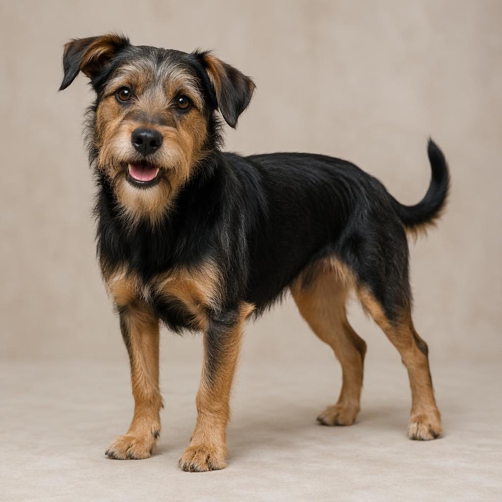 Editorial portrait of a single relaxed hybrid dog with realistic fur, soft natural light, and a neutral studio background.