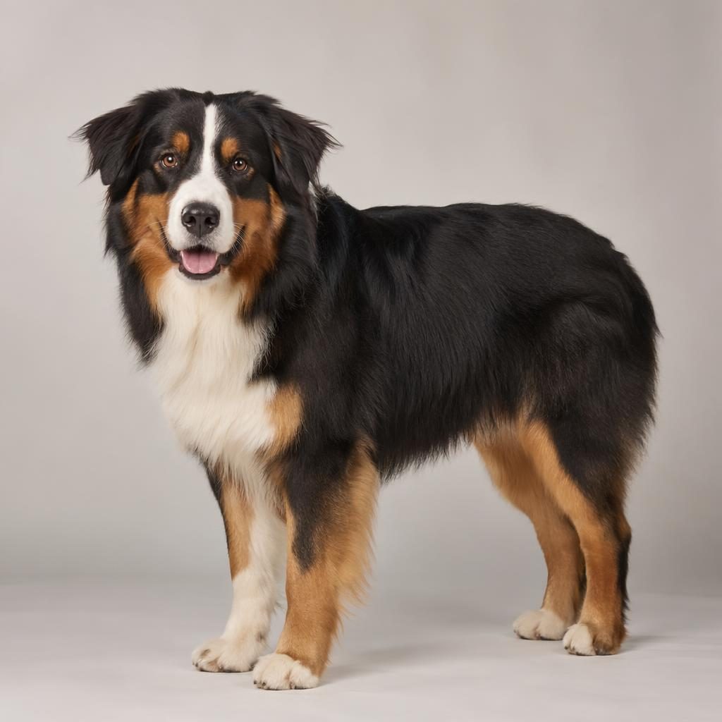 Chien adulte seul en studio, pelage rare, expression amicale, fond neutre doux et lumière naturelle.
