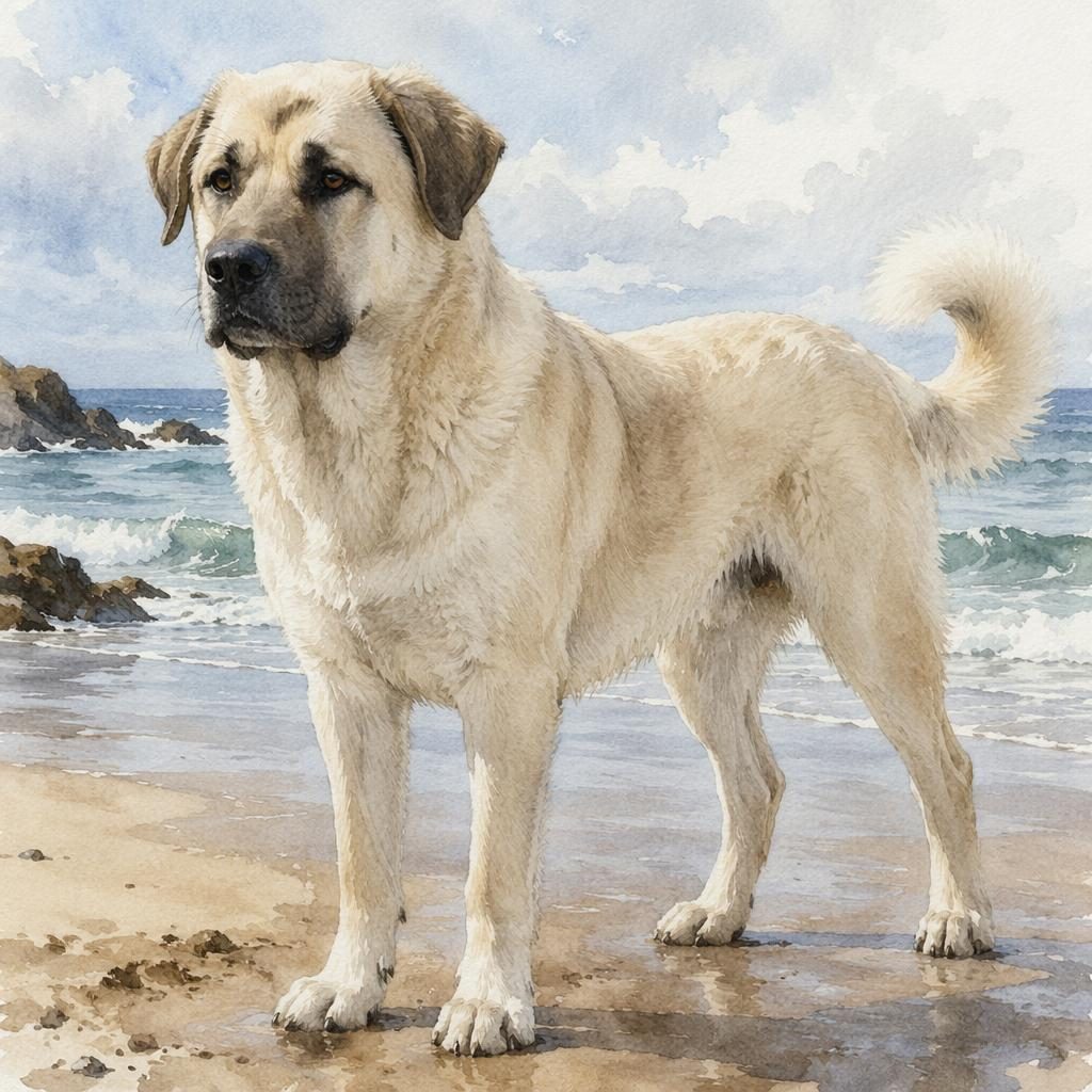 Watercolor-style single adult dog on a beach, relaxed and friendly, with realistic fur texture and soft natural light.